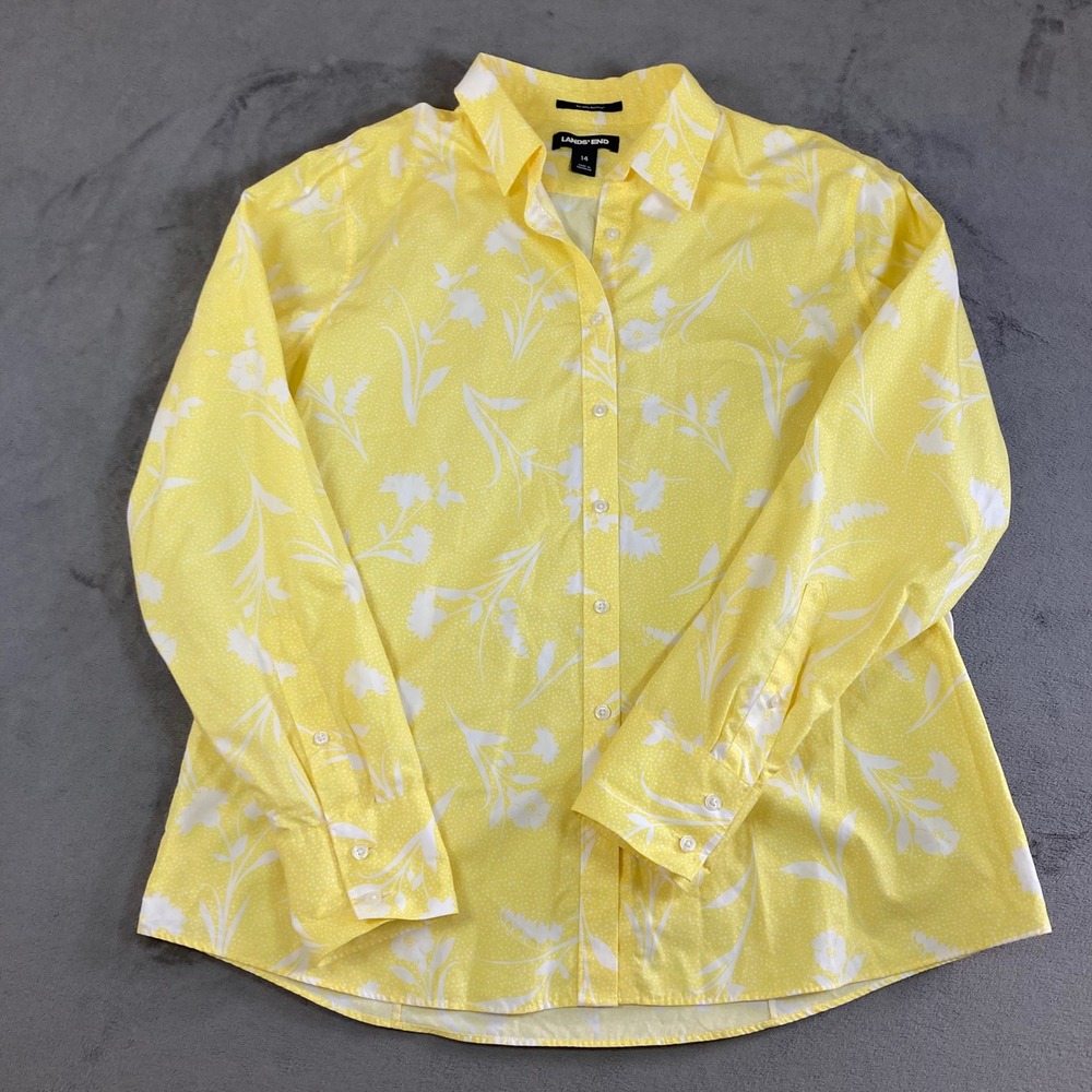 Lands End Womens Yellow White Floral No Iron Supima Cotton Button Down Shirt 14